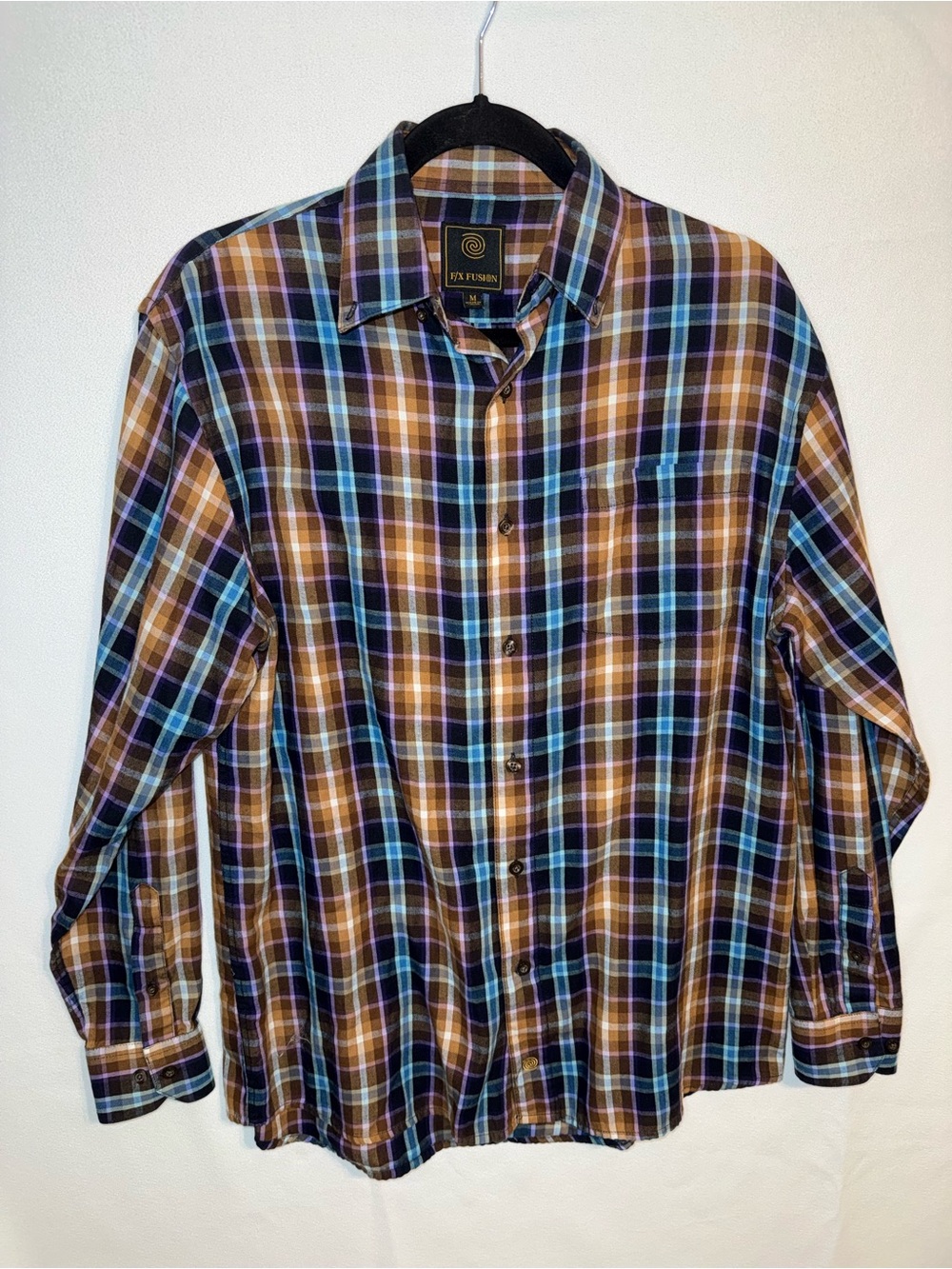 FX/Fusion Men’s LS Brown Purple Plaid Button-Up Casual Shirt M Cotton Blend